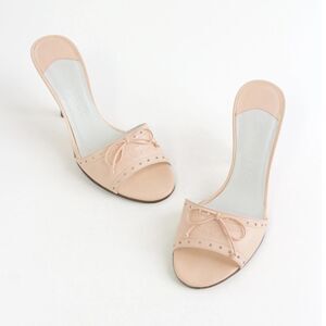 CHANEL Y2K Bow Logo Kitten Heel Open Toe Pastel Pink Mules Shoes EU 39.5 US 9.5